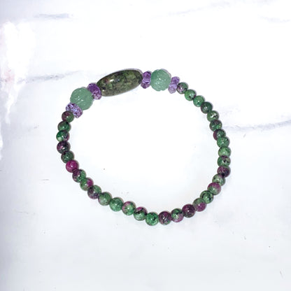 Ruby Zoisite, Green Aventurine, and Amethyst gemstone Stretch Bracelet