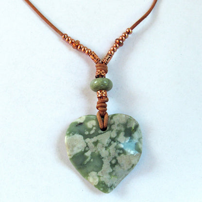 Heart Jade Peace Stone, Amazonite, Copper, Leather Necklace