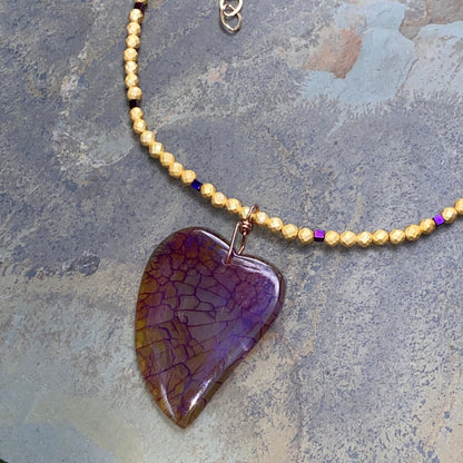 Dragon’s Vein Heart Pendant on Gold & Purple Hematite and 14 Kt GF Clasp