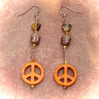 Howlite Peace Signs, Tiger’s Eye, Hematite, and 14 Kt Gf Drop Earrings