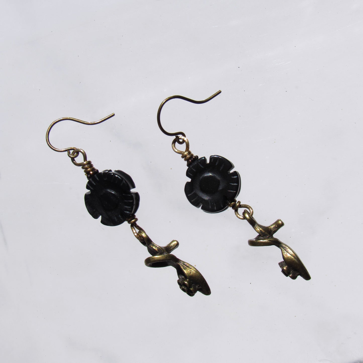 Brass shoe and onyx flower drop earrings