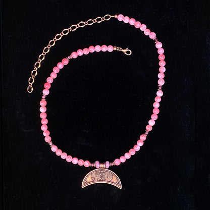 Pink Angelite and Pink Tourmaline gemstone and copper Moon pendant necklace
