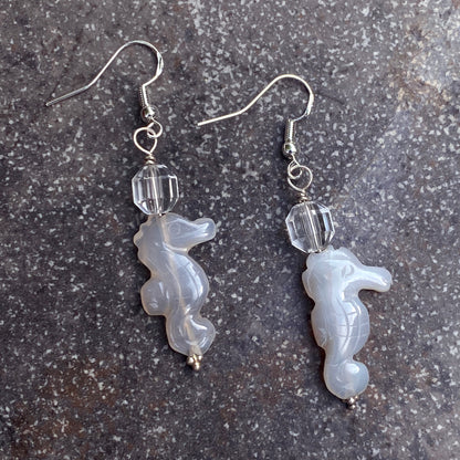 Grey Agate gemstone Seahorses, Clear Quartz, and Sterling Silver Drop Earrings