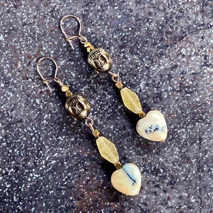 yellow Agate hearts, Hematite Buddha, yellow Calcite Gemstone earrings