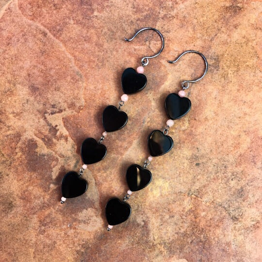 Onyx Hearts & Pink Opal long drop oxidized sterling silver earrings