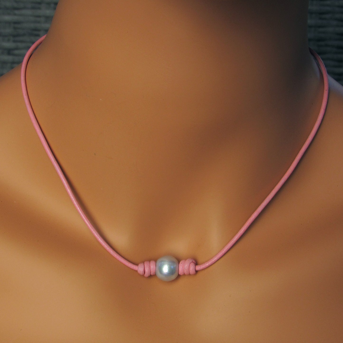 Freshwater Pearl Choker on Pink Leather with Sterling Silver Clasp