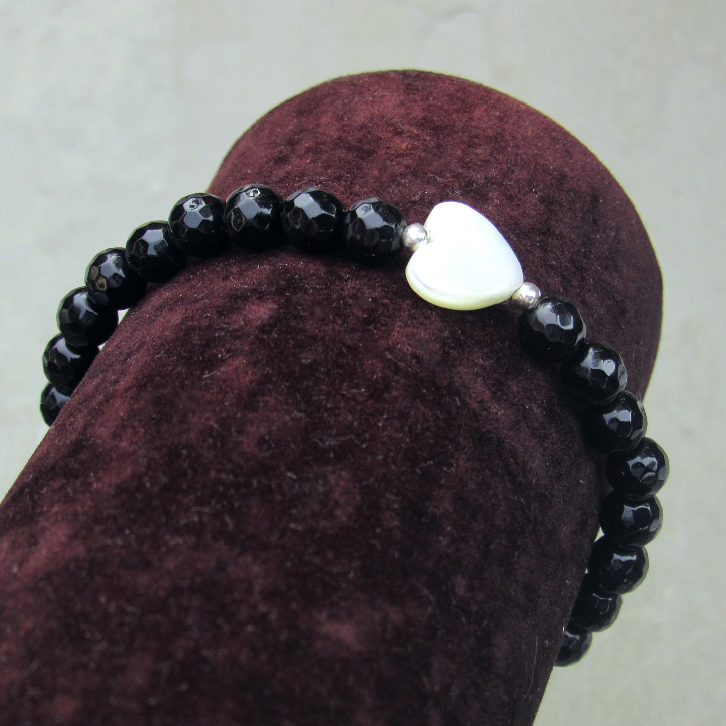 Onyx, Mother of Pearl, and Sterling Silver Skull Stretch Bracelet