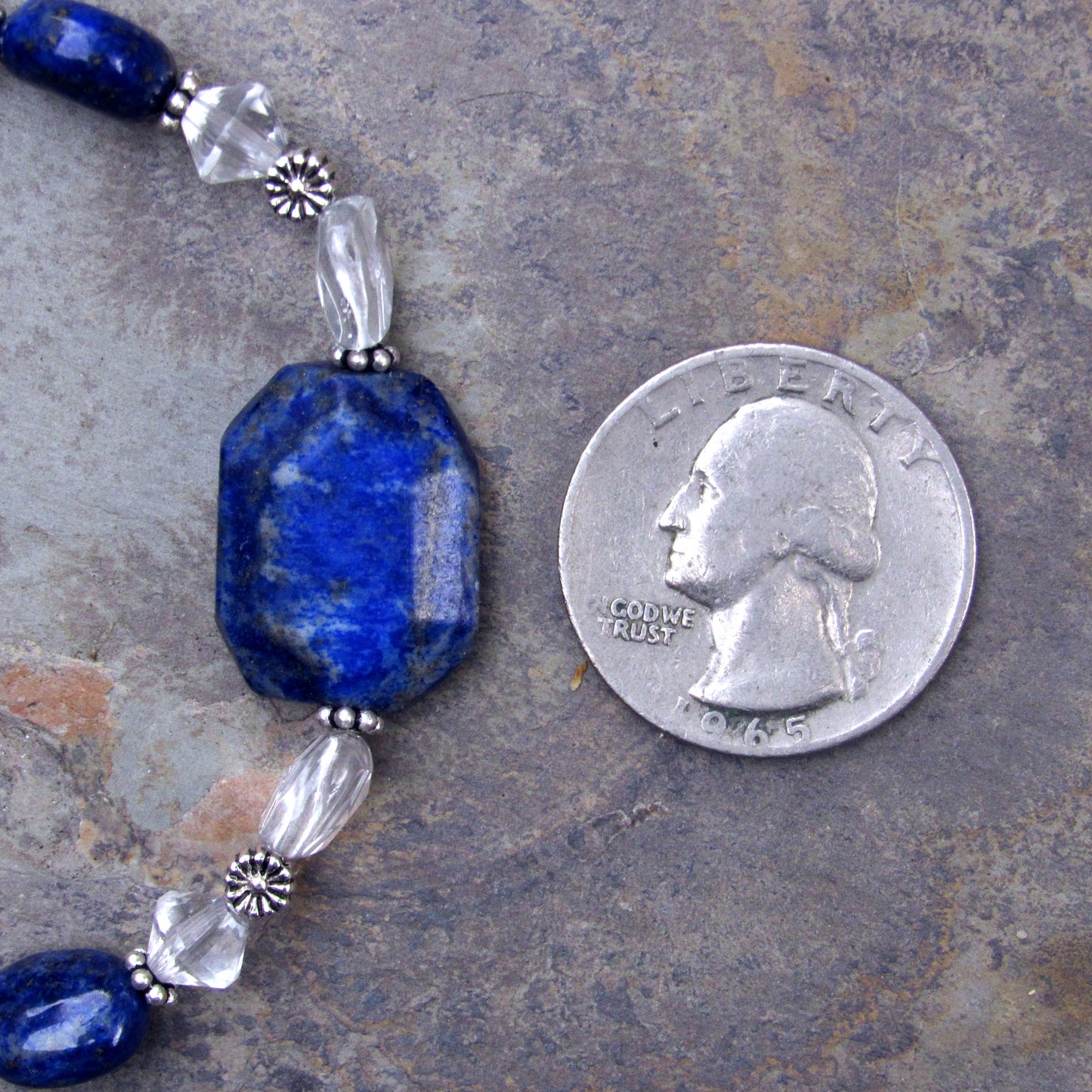 Lapis Lazuli, Clear Quartz, and Sterling Silver Stretch Bracelet