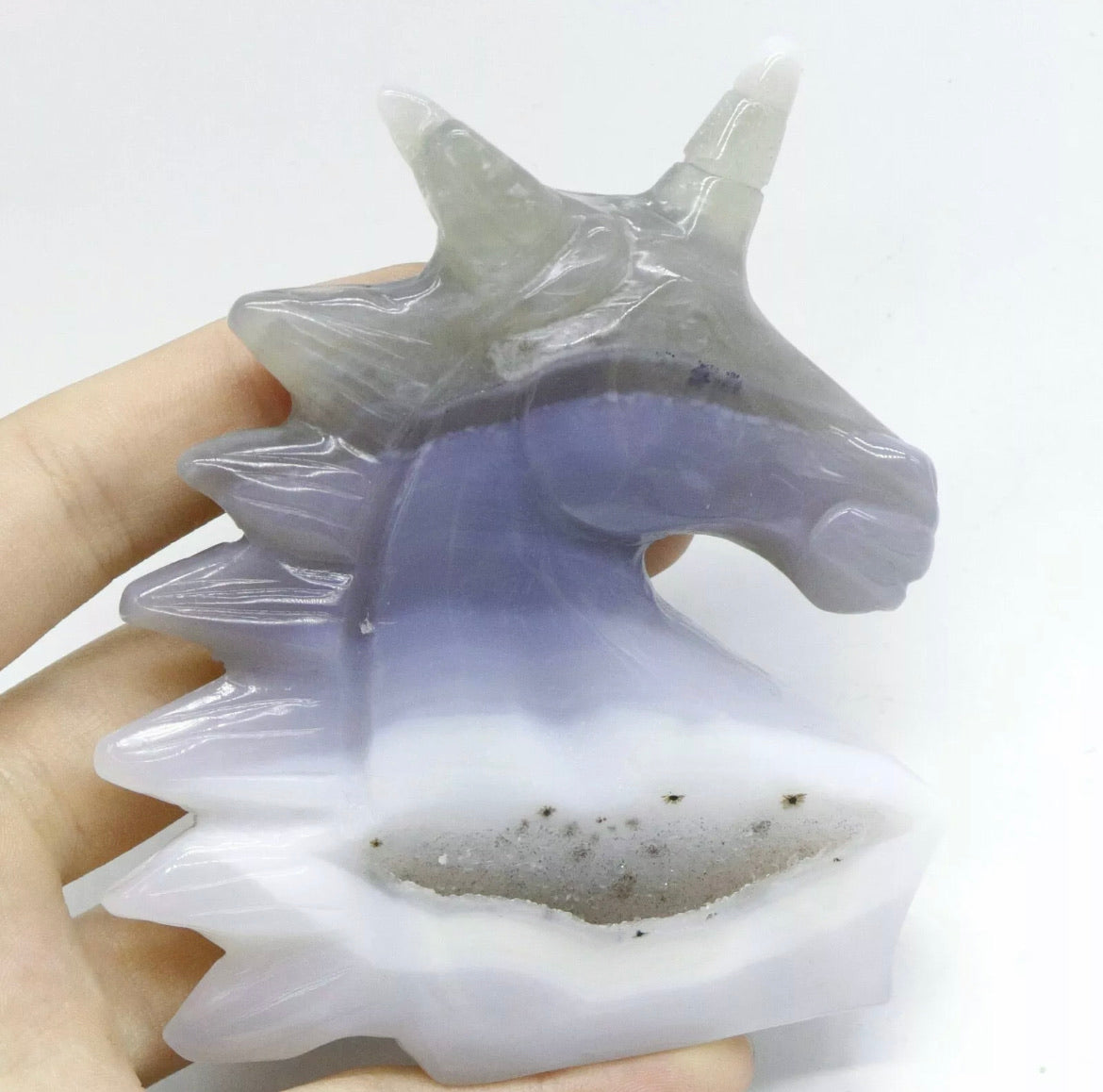 Hand-carved unicorn in natural Agate gemstone crystal