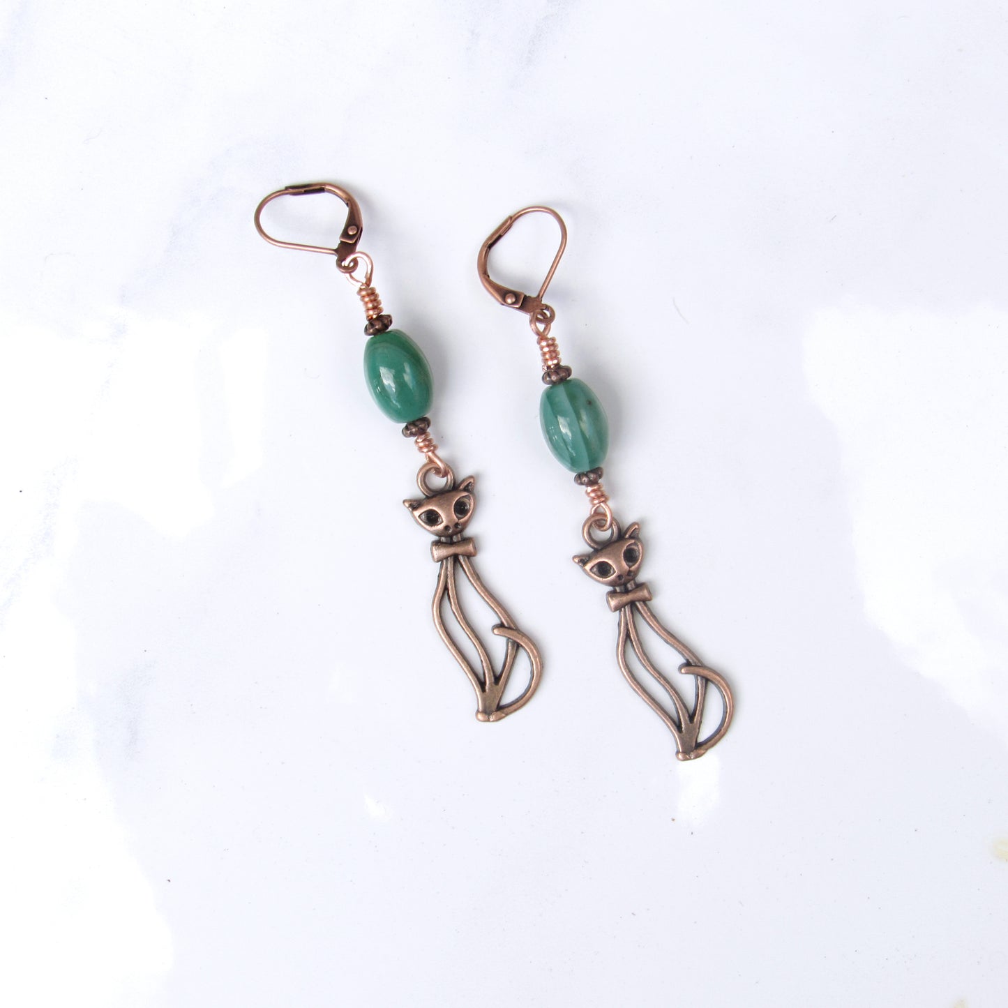 Green Agate gemstone and Copper Kitty Cat Drop Earrings