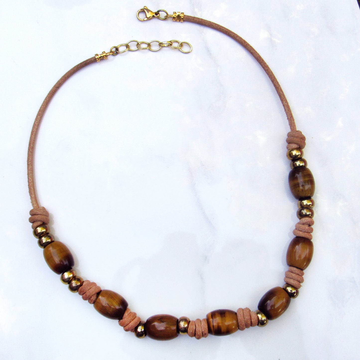 Tiger Eye and Brass Hand Knotted on Natural Leather Necklace