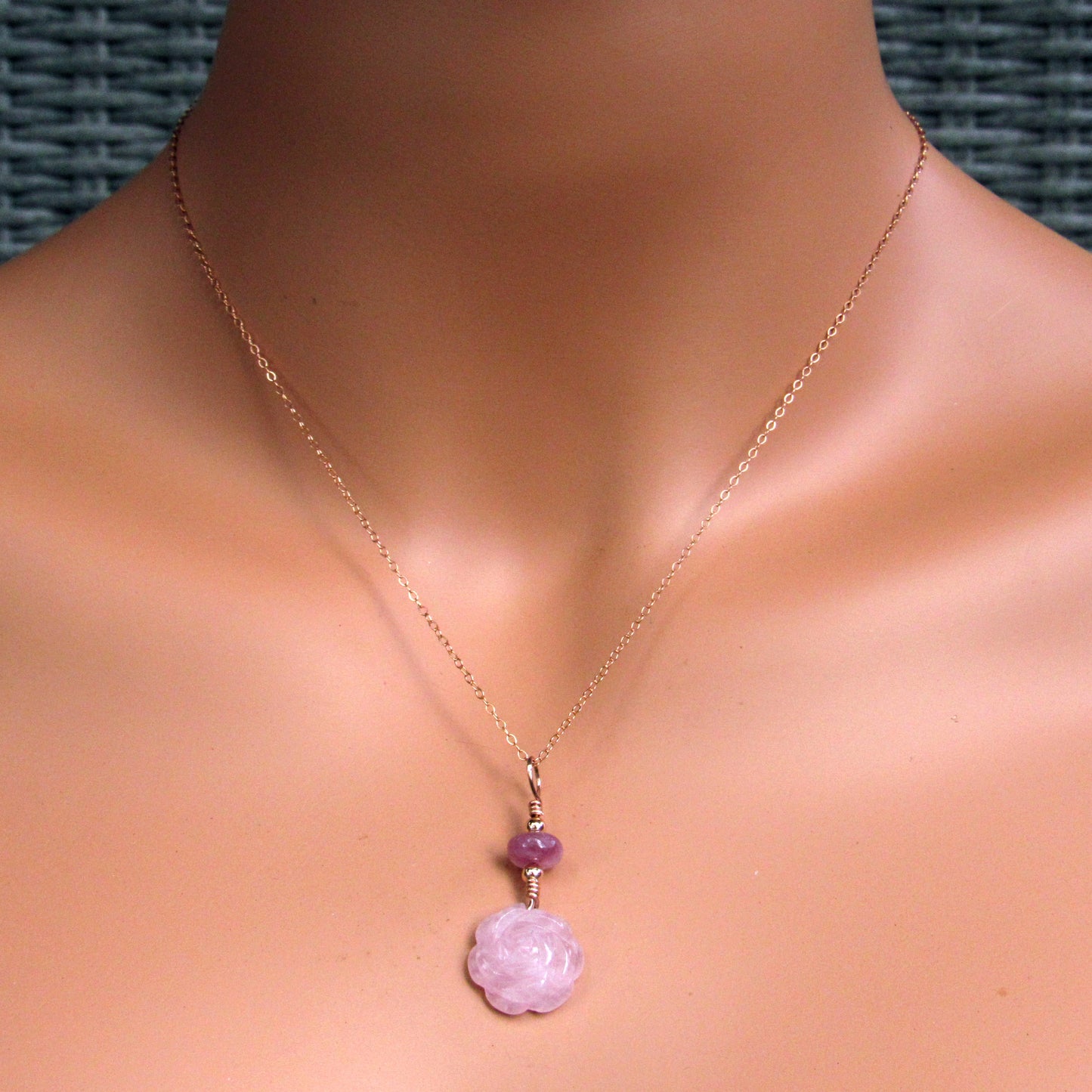 Rose Quartz Flower with Pink Tourmaline hand Wrapped on 14 Kt Gold Fill Necklace