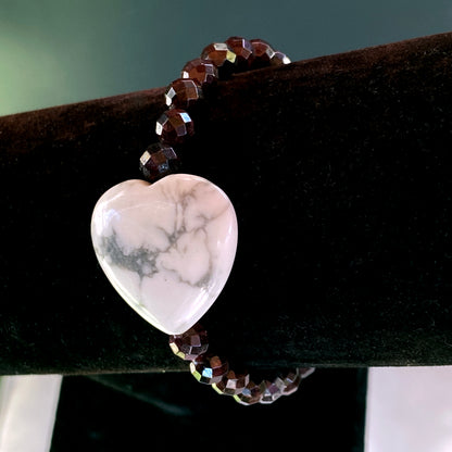 Howlite White Turquoise Gemstone Heart w/ Garnets Bracelet