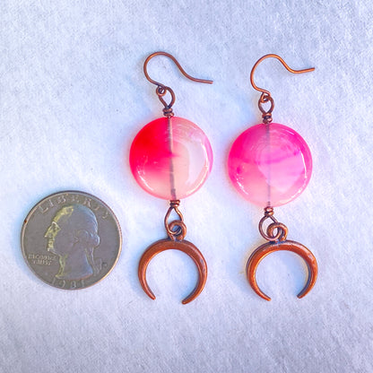 Pink agate gemstone wrapped copper Moon dangle earrings