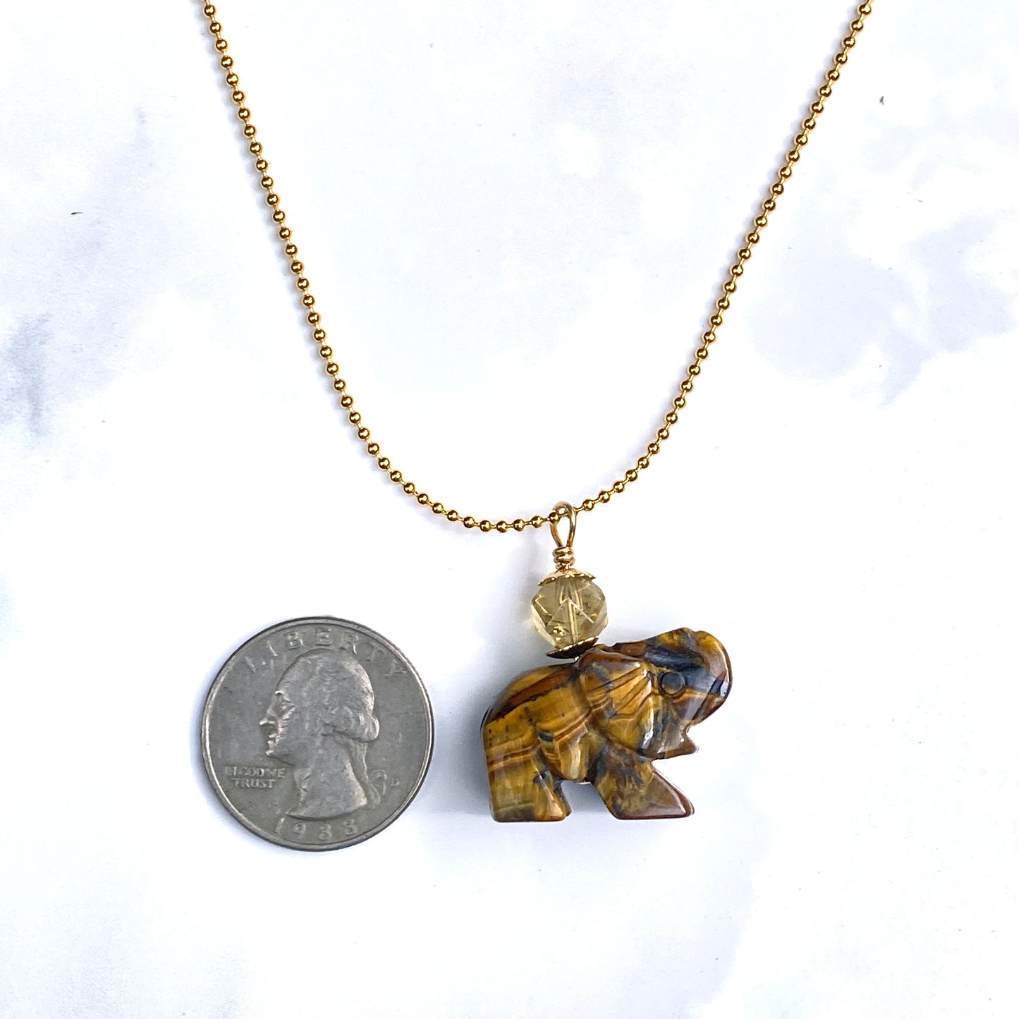 Tiger Eye gemstone Elephant with Smoky Topaz on 18 kt Gold Vermeil Chain